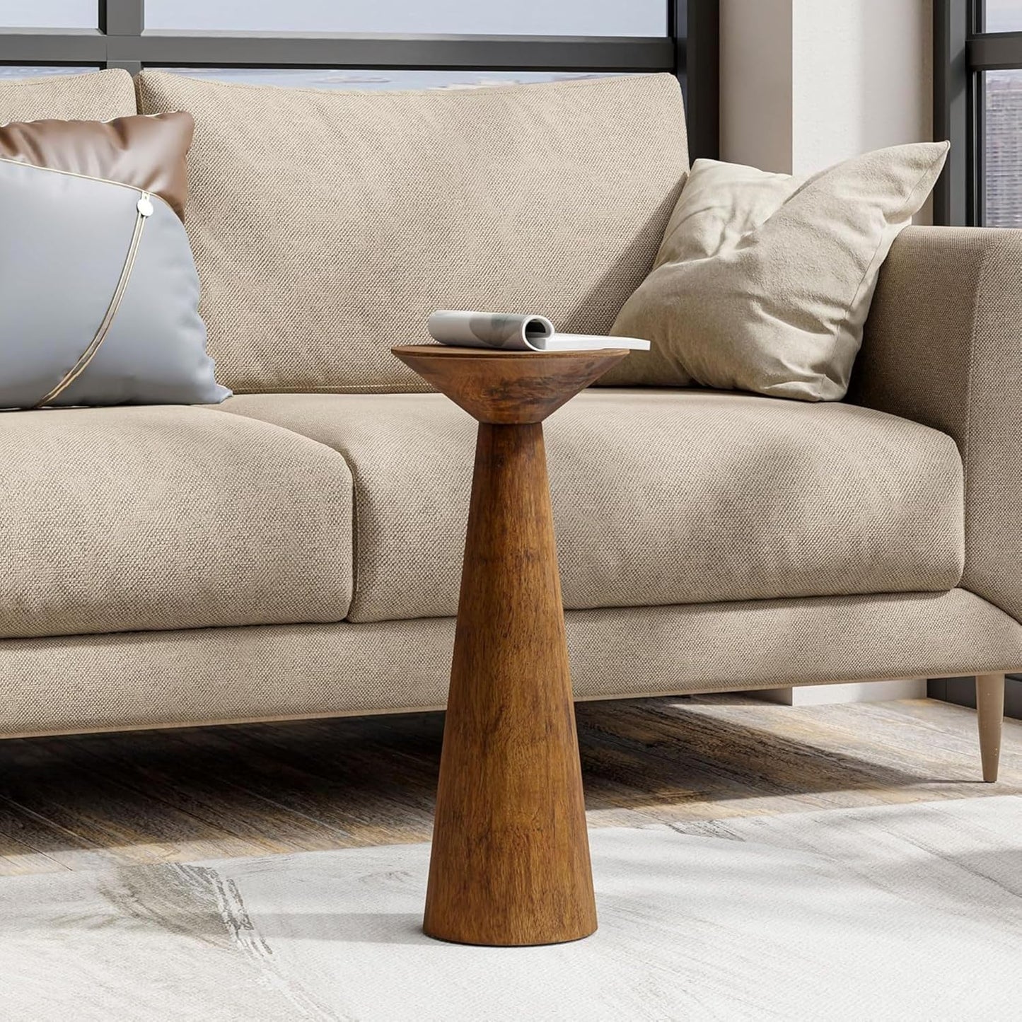 22.8” Tall round Martini End Table, Walnut – Solid Pine Wood Pedestal Accent Drink Stand with Tapered Base – Farmhouse Modern Furniture for Living Room, Bedroom & Small Spaces