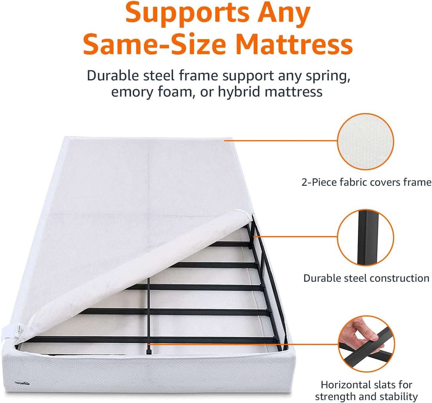 Smart Box Spring Bed Base, 5-Inch Height Mattress Foundation, Tool-Free Easy Assembly, Queen, 79"L X 59.5"W X 5"H, White