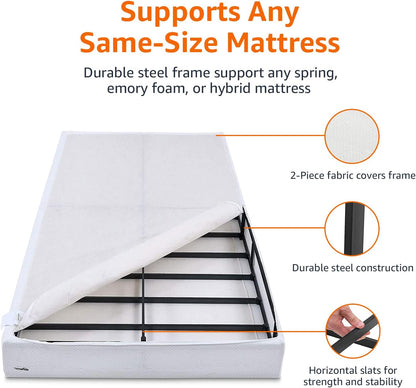 Smart Box Spring Bed Base, 5-Inch Height Mattress Foundation, Tool-Free Easy Assembly, Queen, 79"L X 59.5"W X 5"H, White