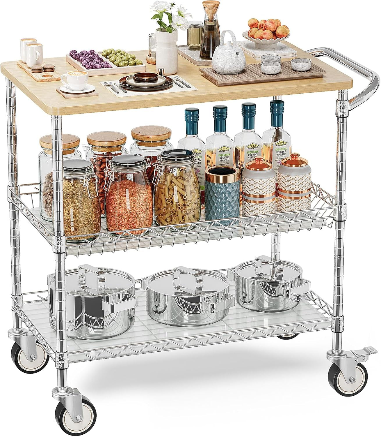 Rolling Kitchen Carts with Wheels, 34" L X 17.5" W, 3-Tier Heavy Duty Utility Cart with Wood Tabletop, NSF Commercial Metal Serving Cart with Handle and Shelf Liner for Kitchen, Chrome