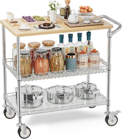 Rolling Kitchen Carts with Wheels, 34" L X 17.5" W, 3-Tier Heavy Duty Utility Cart with Wood Tabletop, NSF Commercial Metal Serving Cart with Handle and Shelf Liner for Kitchen, Chrome