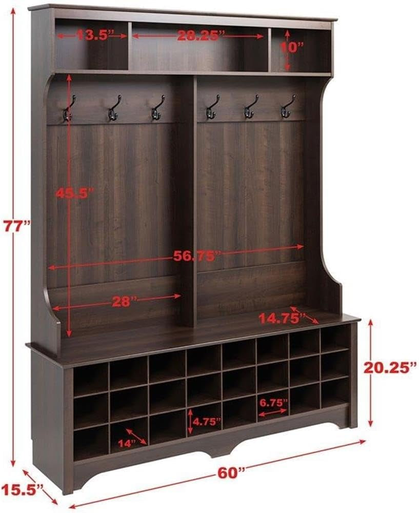 Brown Hall Tree, Shoe Cabinet, Storage Cabinet with 24 Shoe Cubbies and 6 Double Coat Hooks 15.5" D X 60" W X 77" H