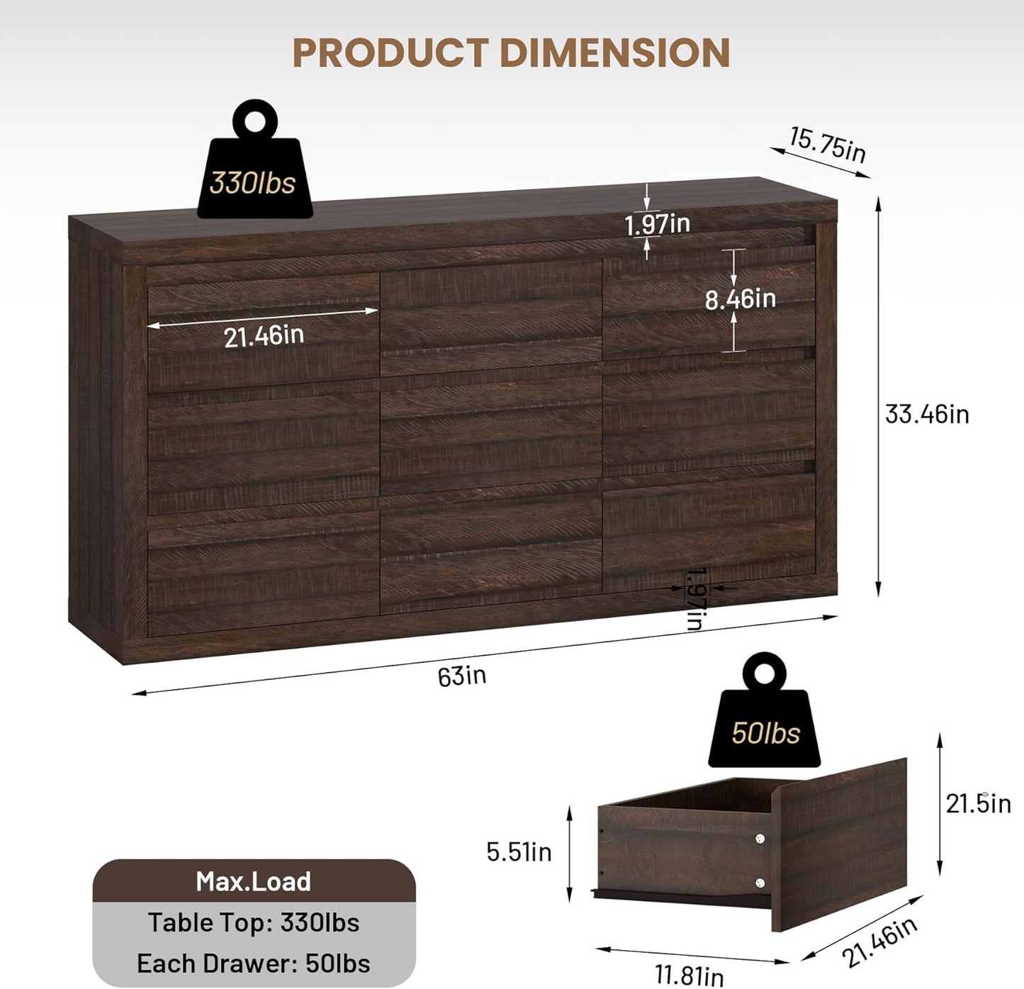 Modern 9 Drawer Dresser for Bedroom, Wide Chest of Drawers with Anti-Tipping Device, Wooden Storage Cabinet and TV Stand for Closet, Living Room or Hallway,Brown