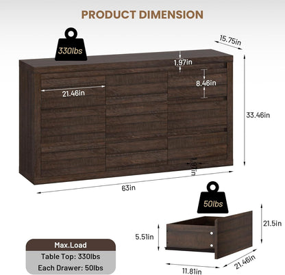Modern 9 Drawer Dresser for Bedroom, Wide Chest of Drawers with Anti-Tipping Device, Wooden Storage Cabinet and TV Stand for Closet, Living Room or Hallway,Brown