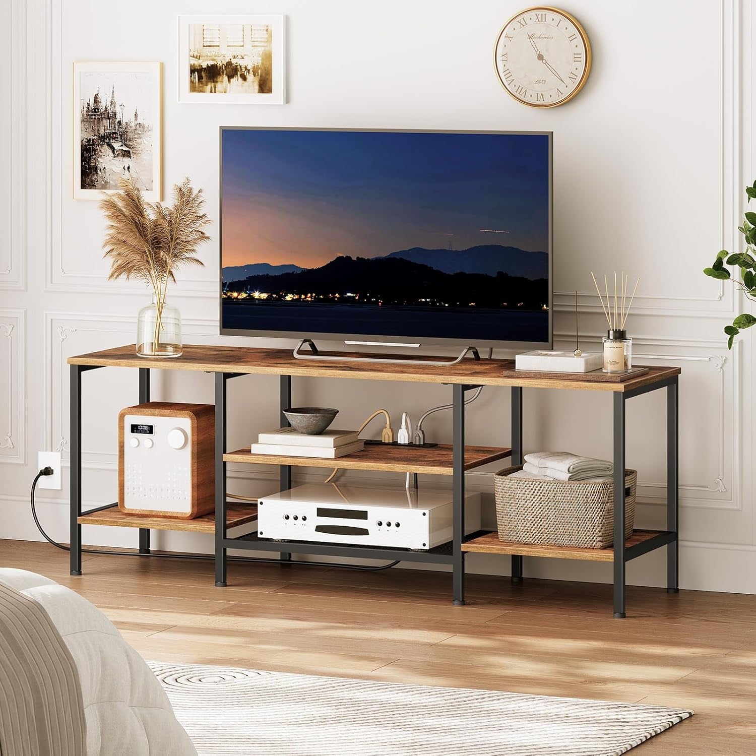 TV Stand with Power Outlets to 65 Inches, TV Console Table with Open Storage Shelves, Industrial Media Entertainment Center for Living Room Bedroom, Rustic Brown and Black BF40DS01