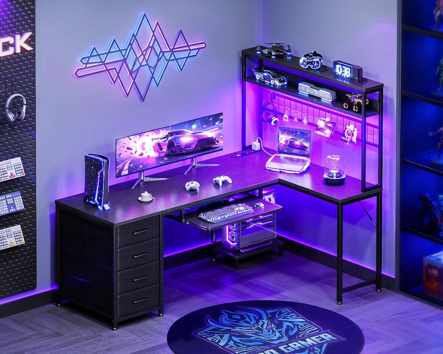 59 Inch L Shaped Desk with 4 Drawers, Gaming Desk with Led Lights & Power Outlets, Computer Desk with Pegboard & Keyboard Tray, Reverisble Home Office Desk with Storage Shelves & CPU Stand, Black