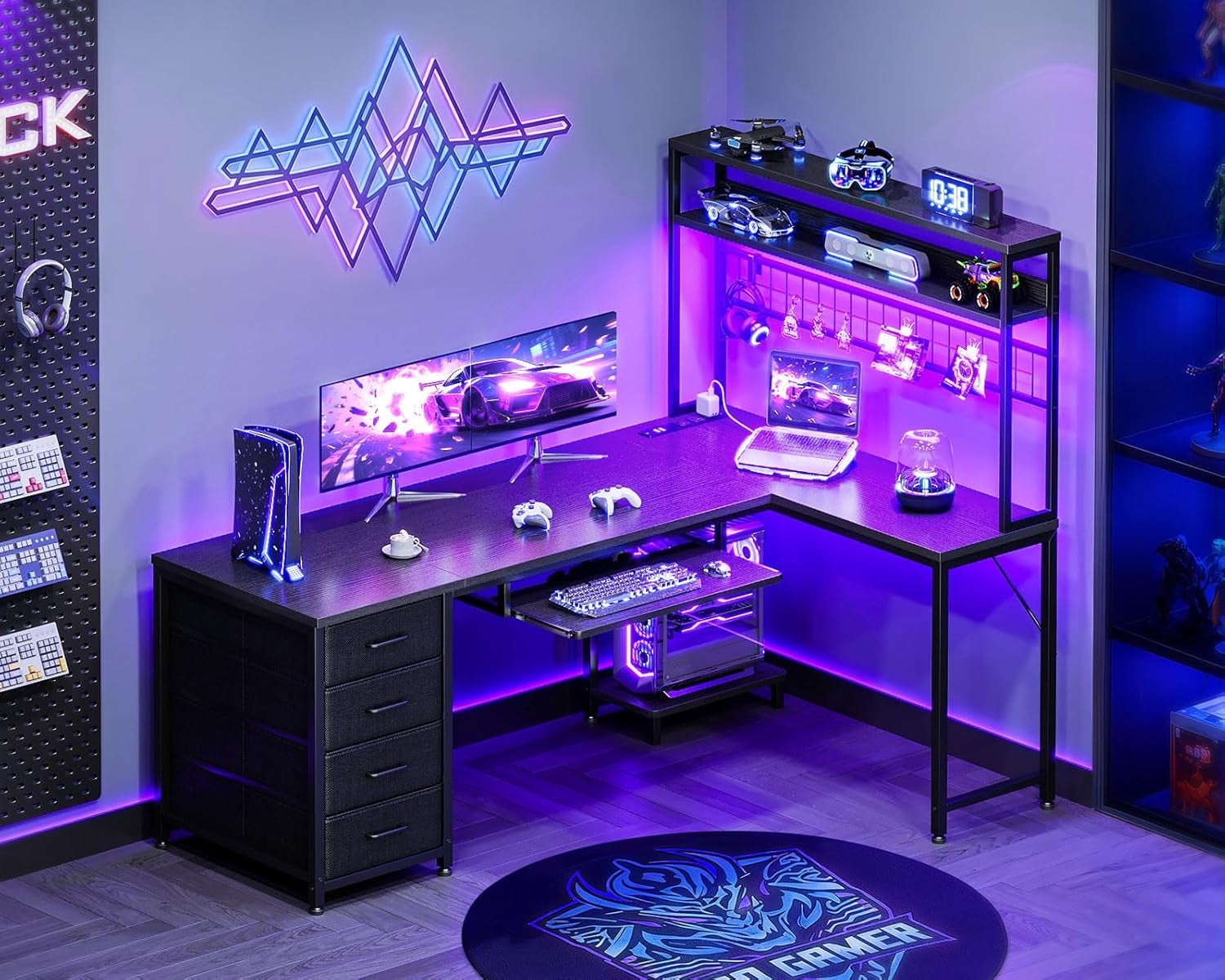 59 Inch L Shaped Desk with 4 Drawers, Gaming Desk with Led Lights & Power Outlets, Computer Desk with Pegboard & Keyboard Tray, Reverisble Home Office Desk with Storage Shelves & CPU Stand, Black