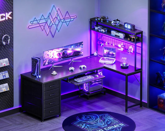 59 Inch L Shaped Desk with 4 Drawers, Gaming Desk with Led Lights & Power Outlets, Computer Desk with Pegboard & Keyboard Tray, Reverisble Home Office Desk with Storage Shelves & CPU Stand, Black