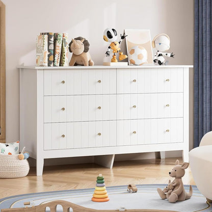 White Dresser, Chest of Drawers, Modern 6 Drawer Double Dressers with Deep Drawers, Nursery Dresser for Baby, Wide Storage Organizer Cabinet for Living Room, Hallway,White