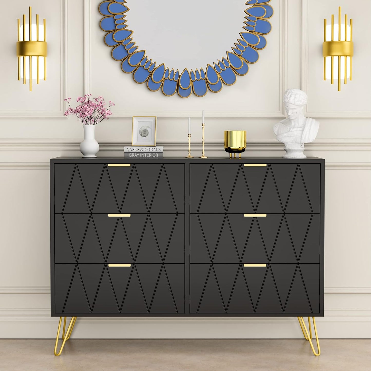 3 Pcs Bedroom Set, 6 Drawer Dresser and 2 Nightstand Sets for Bedroom, Night Stand Set of 2 & 6 Drawer Dresser with Gold Handle, Modern Set (Black)
