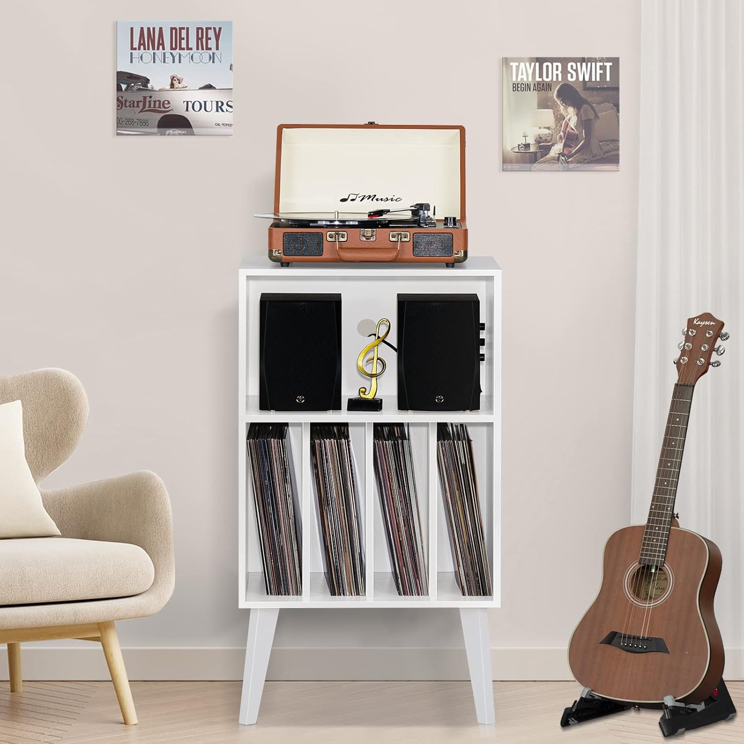 Record Player Stand, White Turntable Stand Holds up to 160 Albums, Mid-Century Vinyl Storage Cabinet Table with Solid Wood Legs, Record Player Holder Dispaly Shelf for Bedroom Living Room
