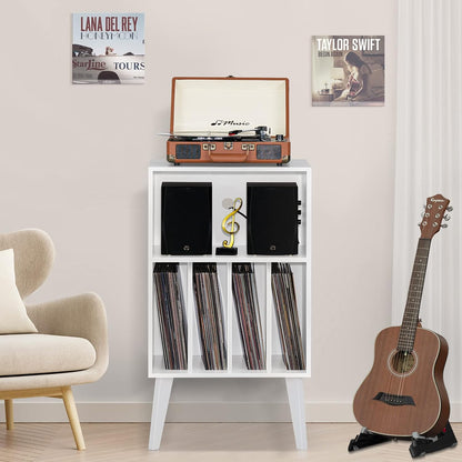 Record Player Stand, White Turntable Stand Holds up to 160 Albums, Mid-Century Vinyl Storage Cabinet Table with Solid Wood Legs, Record Player Holder Dispaly Shelf for Bedroom Living Room