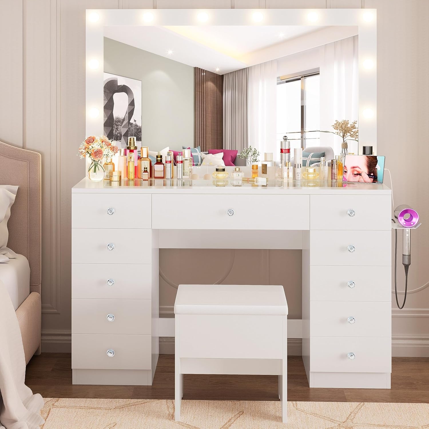 46'' Makeup Vanity Set with LED Mirror & Power Outlet - 11 Drawers, Glass Top, Dressing Table with Storage Bench for Bedroom, 3 Lighting Color Adjustable, White