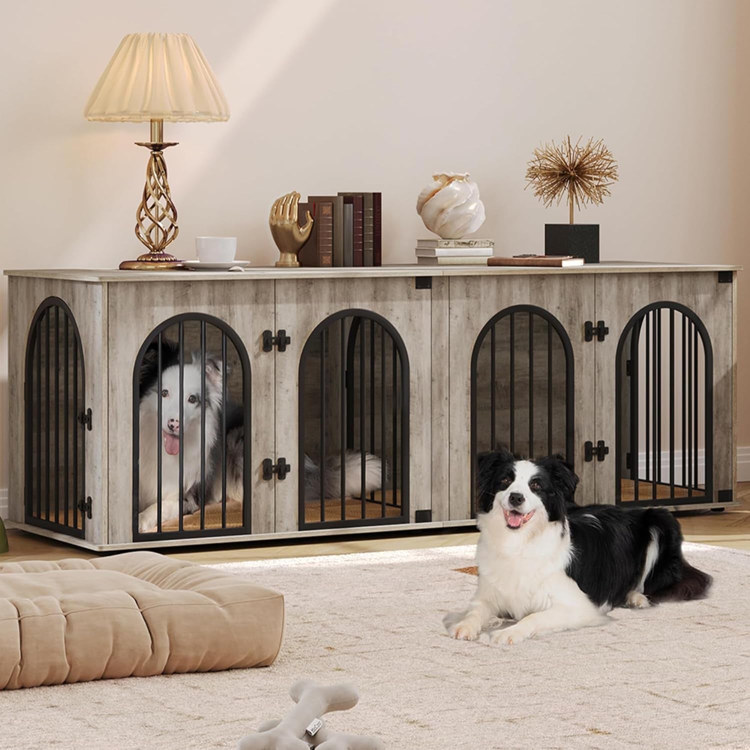 71" Dog Crate Furniture for 2 Dogs, Heavy Duty Indoor Dog Kennel TV Stand, XL Wooden Dog Cage with Divider for Medium Large Dogs, End Table Dog Crate with Cushion, Greige Black DFC81905B