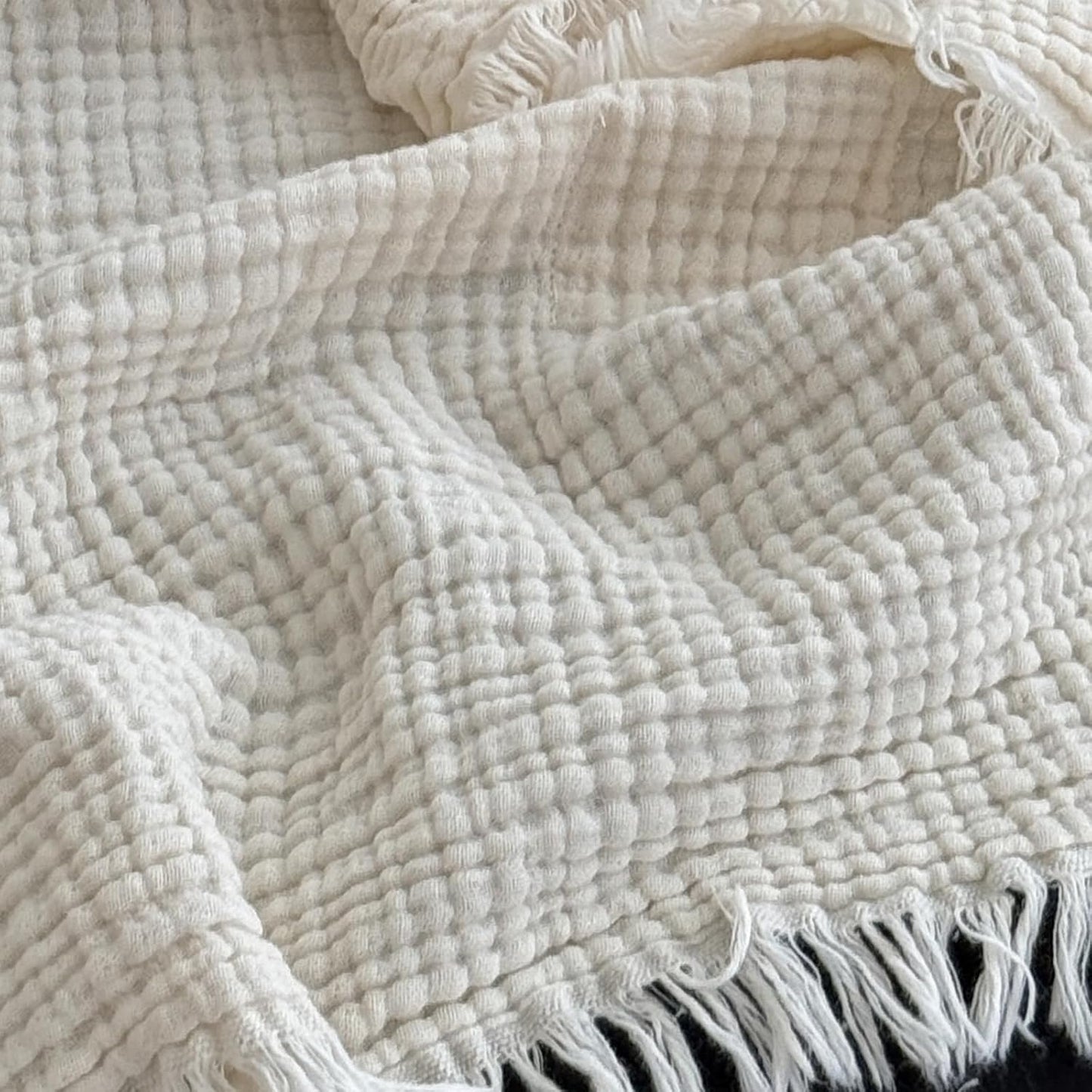 100% Cotton Muslin Throw Blanket with Fringes 50"X60", 4-Layer Cotton Gauze Blankets for Adults, Boho Bedding Breathable Lightweight Ultra-Soft for Couch Bed Sofa All Seasons, Linen Beige