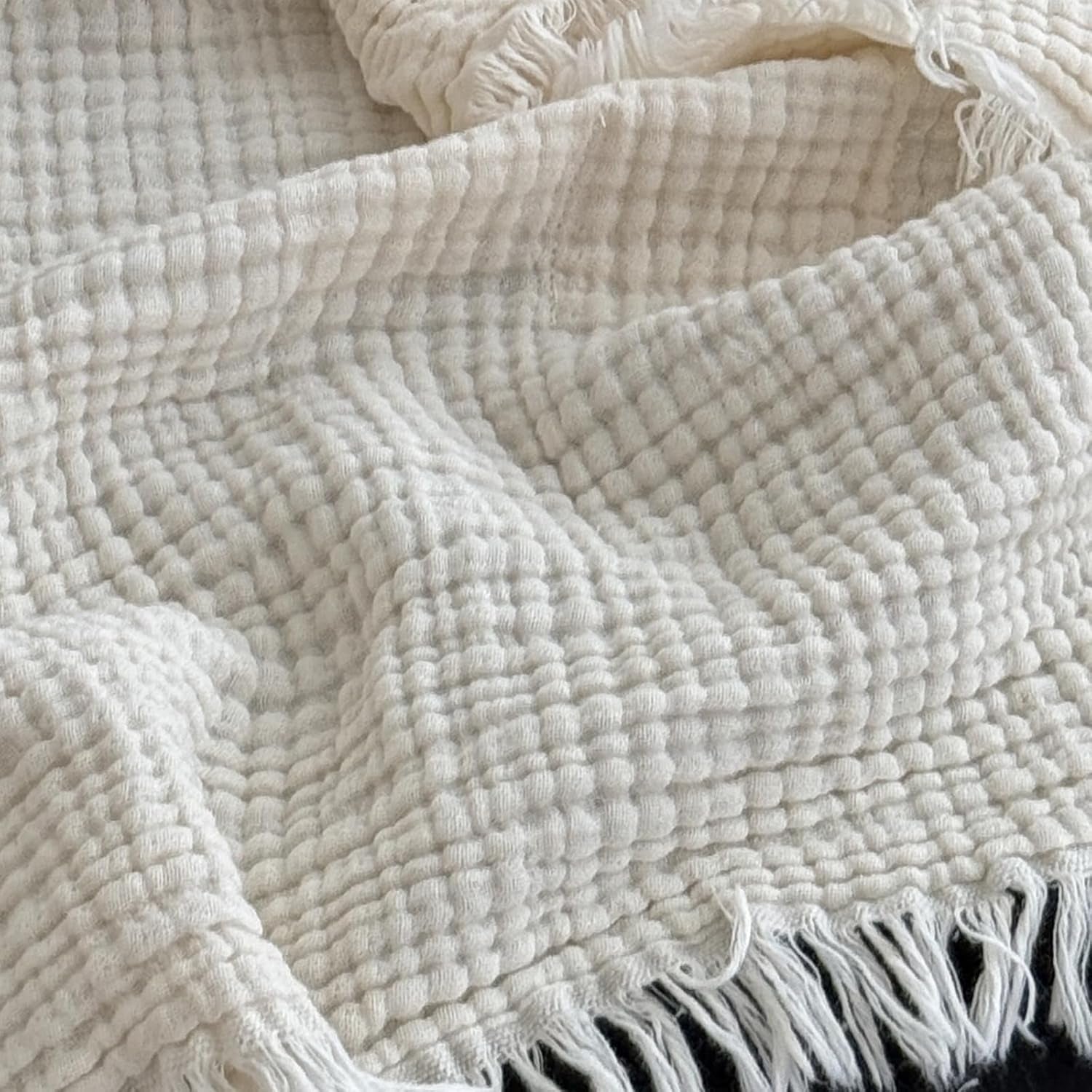 100% Cotton Muslin Throw Blanket with Fringes 50"X60", 4-Layer Cotton Gauze Blankets for Adults, Boho Bedding Breathable Lightweight Ultra-Soft for Couch Bed Sofa All Seasons, Linen Beige