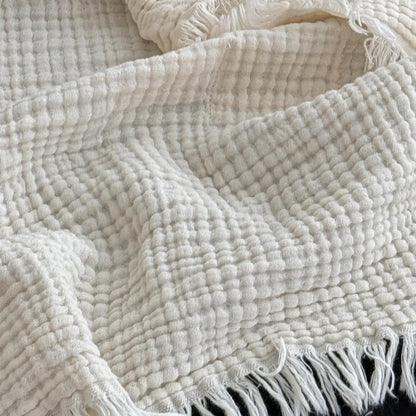 100% Cotton Muslin Throw Blanket with Fringes 50"X60", 4-Layer Cotton Gauze Blankets for Adults, Boho Bedding Breathable Lightweight Ultra-Soft for Couch Bed Sofa All Seasons, Linen Beige