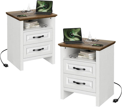 Nightstand Set of 2 for Bedroom, Night Stand with Charging Station, Bedside Table with 2 Drawers & Open Shelf, Farmhouse End Table Storage Cabinet, Wood White