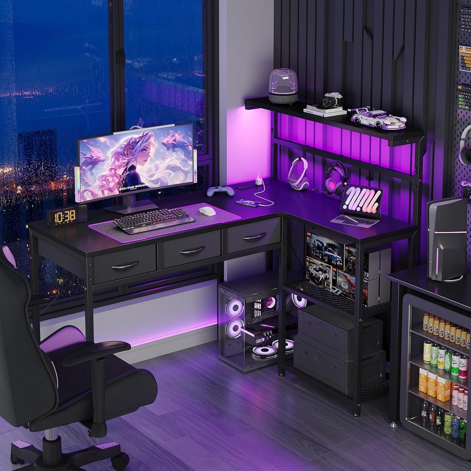 50 Inch L Shaped Gaming Desk with 3 Drawers & Storage Shelves & Hutch, Computer Desk with USB Ports, Study Writing Table for Bedroom, Simple Modern Laptop Desk for Home Office, Black