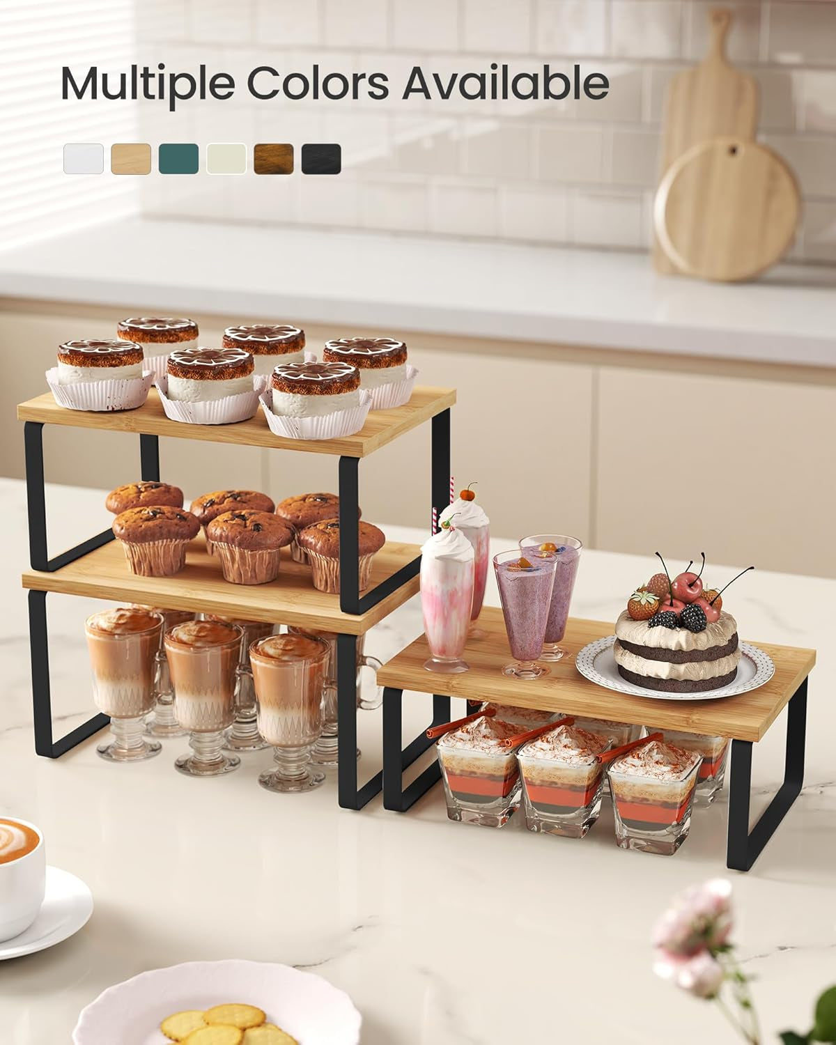 Cabinet Organizer Shelf, Set of 3 Kitchen Counter Shelves, Kitchen Storage, Spice Rack, Stackable, Expandable, Ink Black and Natural Beige UKCS014YL03