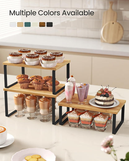 Cabinet Organizer Shelf, Set of 3 Kitchen Counter Shelves, Kitchen Storage, Spice Rack, Stackable, Expandable, Ink Black and Natural Beige UKCS014YL03
