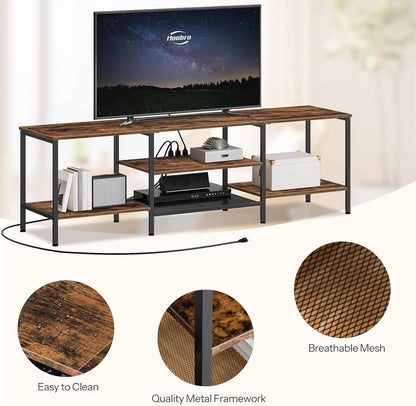 TV Stand with Power Outlets to 75 Inches, TV Console Table with Open Storage Shelves Cabinet, Industrial Media Entertainment Center for Living Room Bedroom, Rustic Brown and Black BF60DS01