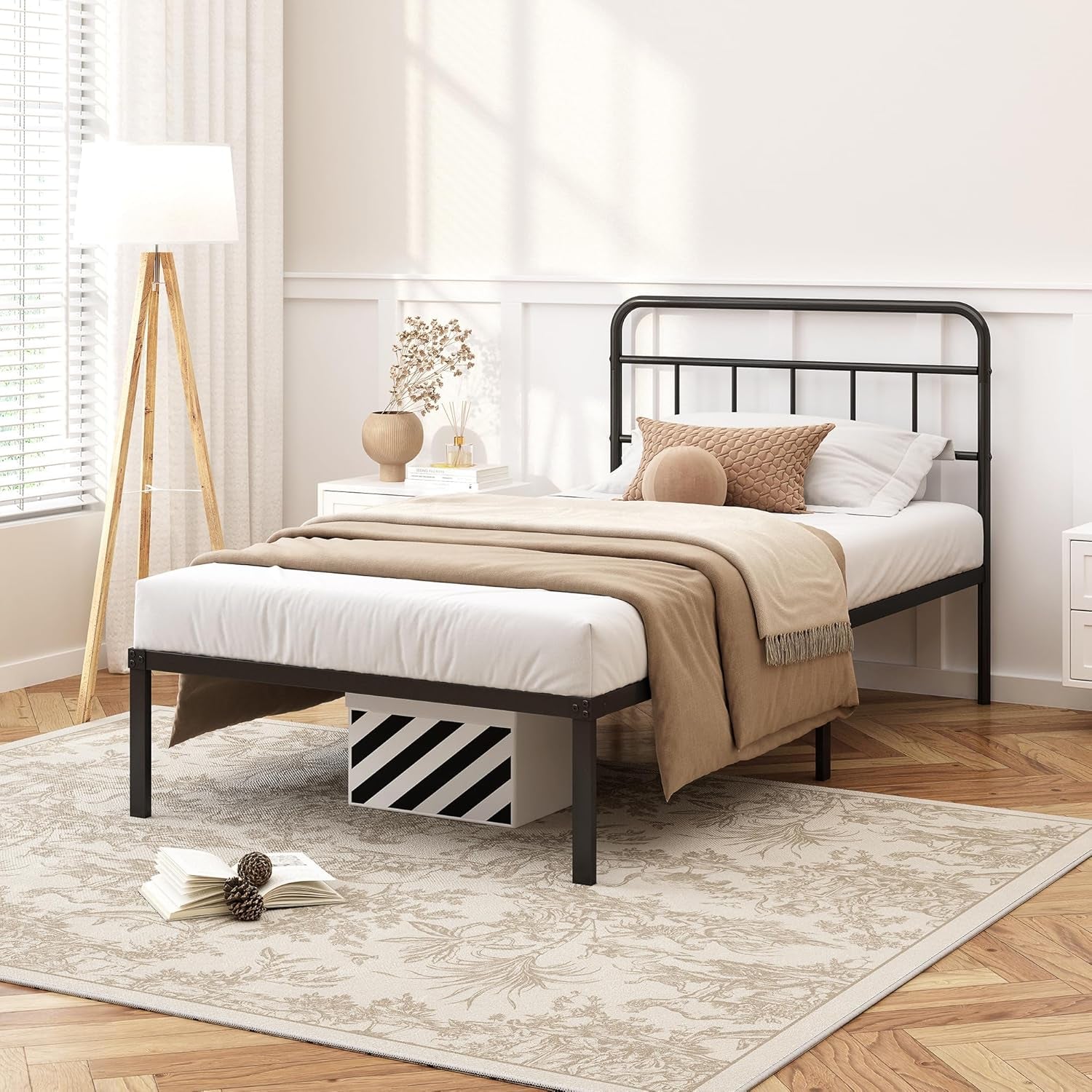 12 Inches Twin Size Bed Frame with Minimalist Headboard,Metal Platform Base with Strong Metal Slats,Mattress Foundation for under Bed Storage,Easy Assembly,Black