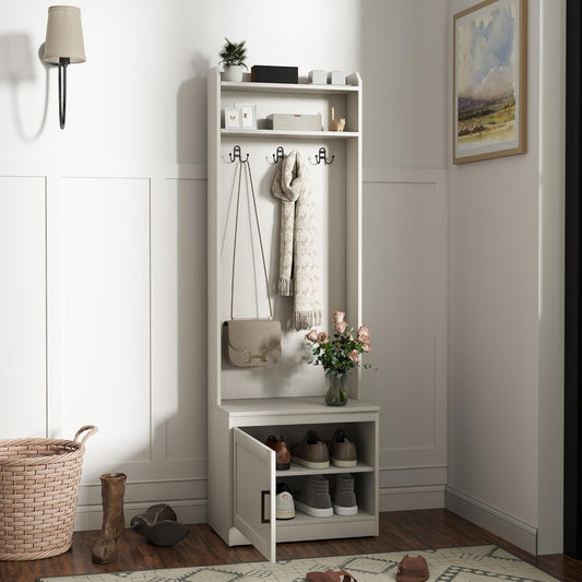Narrow Hall Tree with Shoe Storage Bench, Rustic Entryway Bench with Coat Rack, Accent Coat Tree with Storage Shelves for Hallway, Mudroom, White Wood Grain
