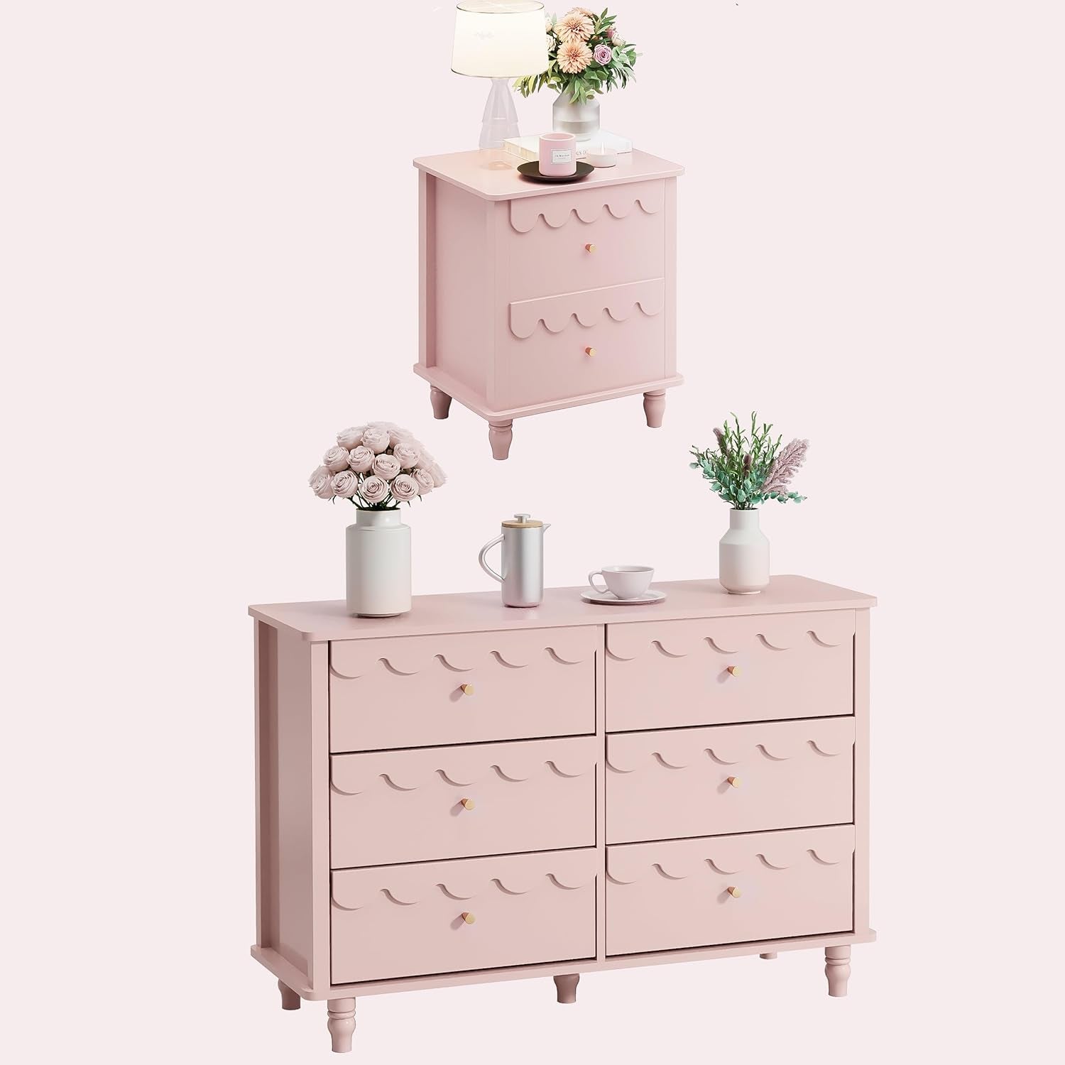 Bedroom Set 2 PCS 6 Drawer Dresser and Night Stand Sets for Bedroom, Two Drawers Nightstand & Scalloped 6 Drawer Dresser Combo 2 Pieces (Pink)