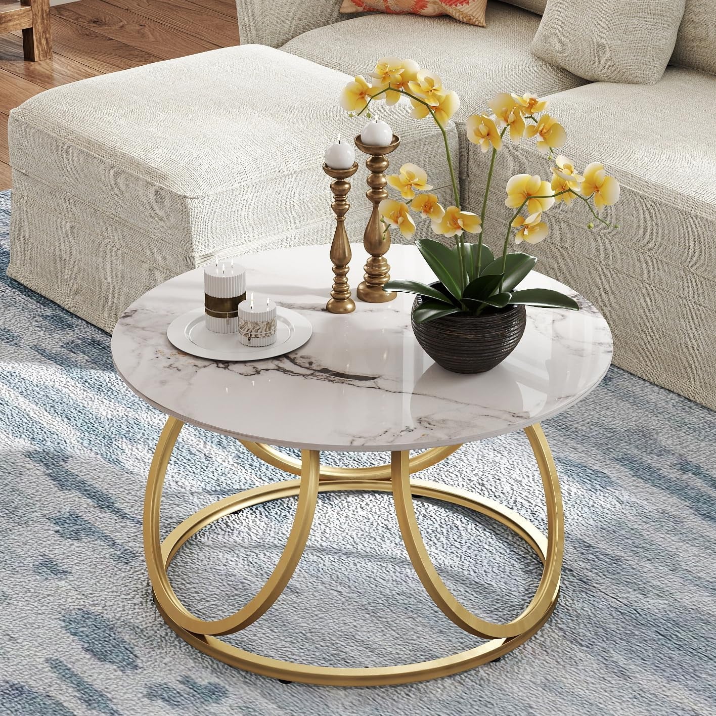 round Coffee Table for Living Room, Modern Coffee Table with Marbling Natural Stone, Gold & White