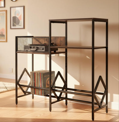 Record Player Stand with Vinyl Storage, Heavy-Duty Audio Cabinet for Records, Turntable, Receiver, Speakers, Wood Media Console for Living Room, Retro Industrial Style