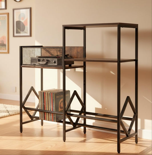 Record Player Stand with Vinyl Storage, Heavy-Duty Audio Cabinet for Records, Turntable, Receiver, Speakers, Wood Media Console for Living Room, Retro Industrial Style