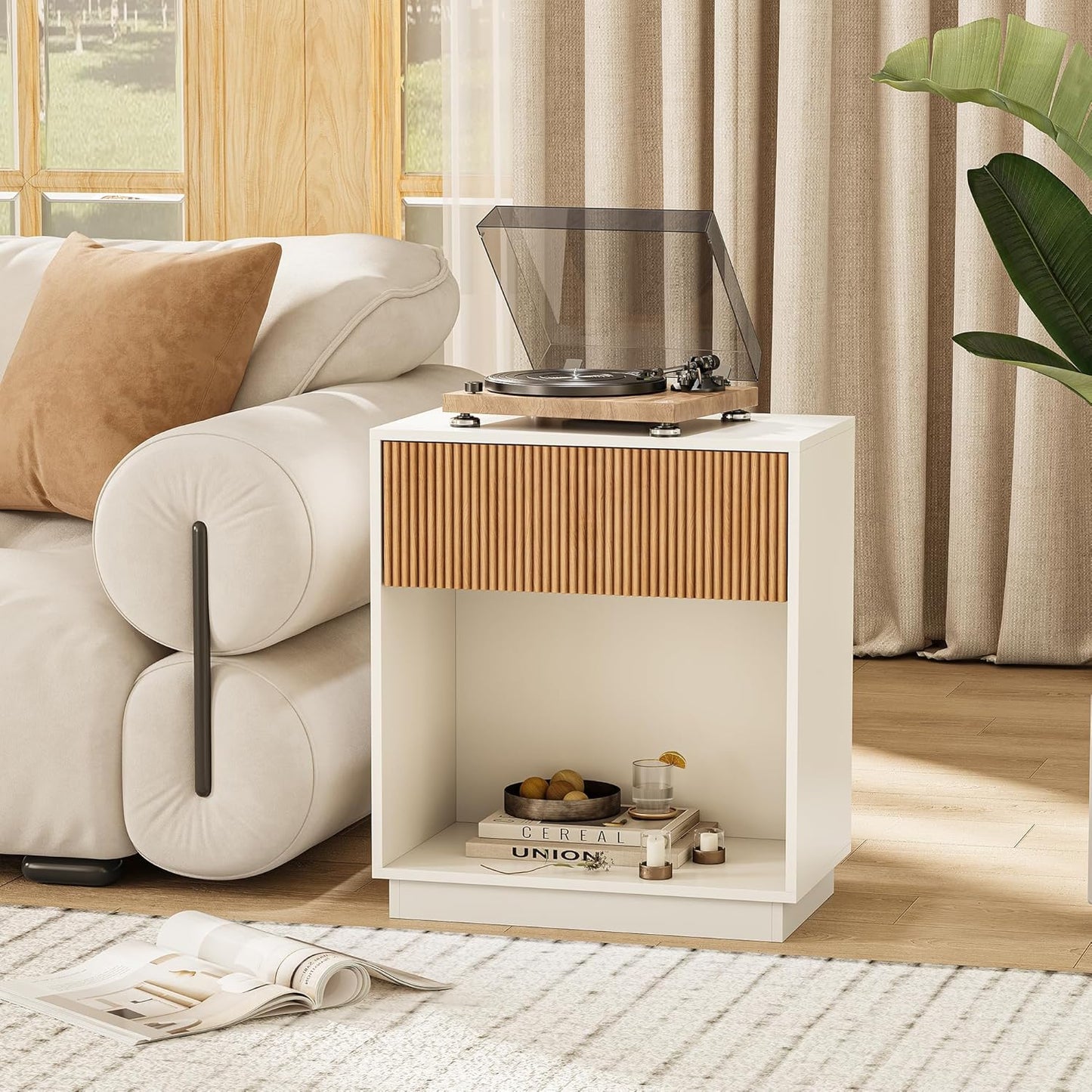 Fluted Nightstands Set of 2, Modern Bedside Table with Drawer and Storage Shelf, Wood End Table Mid Century Night Stands for Bedroom Living Room Sofa Couch Office (White+Oak)