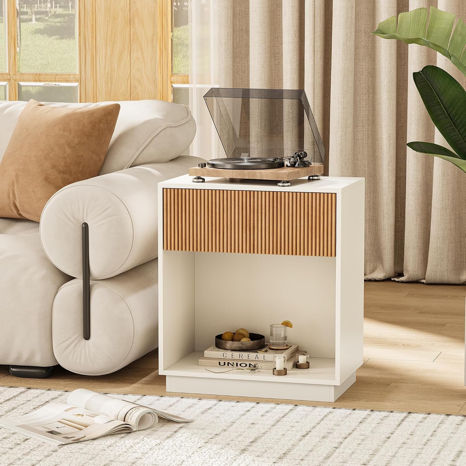 Fluted Nightstands Set of 2, Modern Bedside Table with Drawer and Storage Shelf, Wood End Table Mid Century Night Stands for Bedroom Living Room Sofa Couch Office (White+Oak)