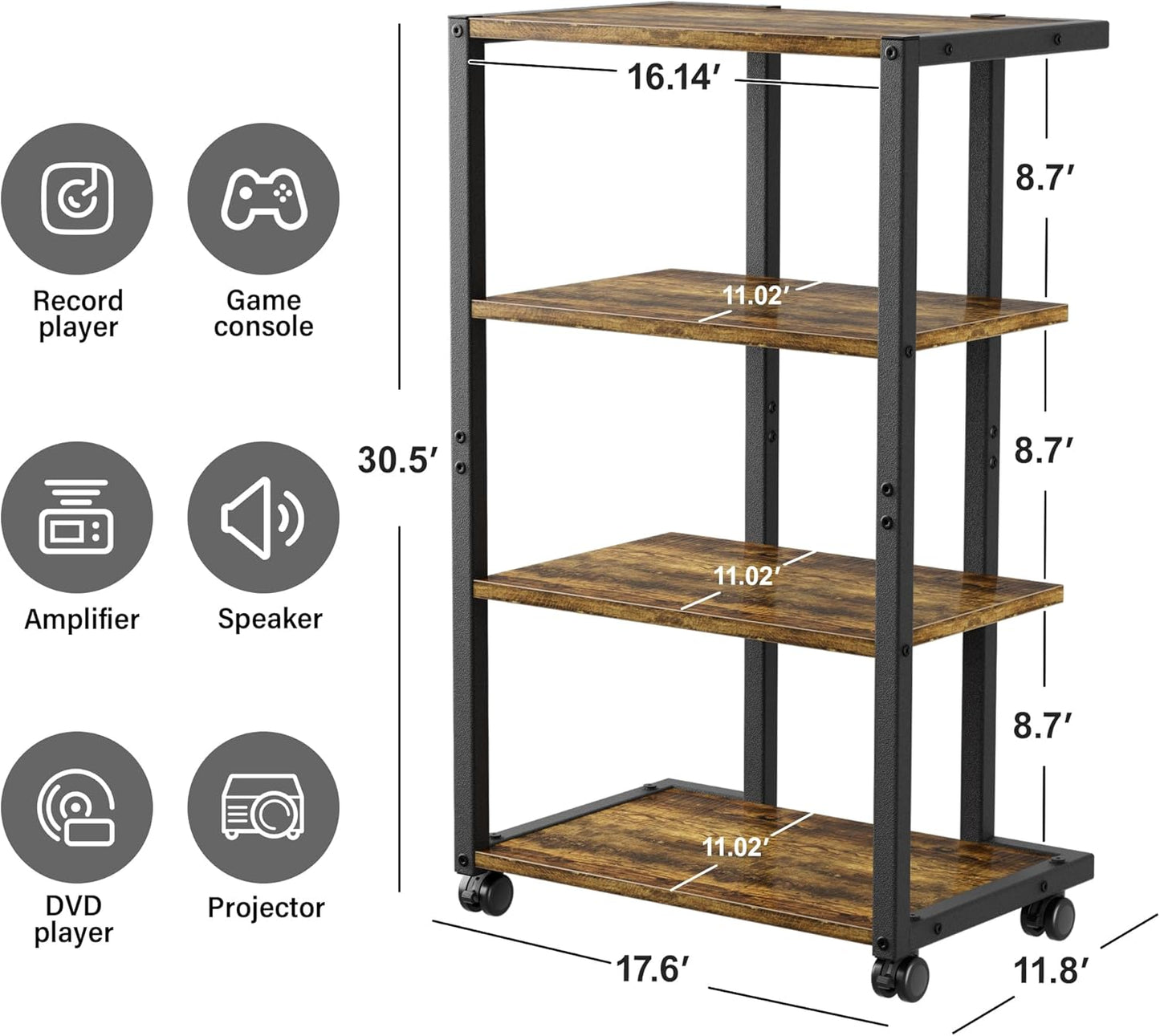 AV Media Stand with Wheels, 4-Tier Game Console Shelf, Rolling Media Cart for Small Space, Stereo Racks and Stands, Ideal for Record Player, Game Console, DVD Player, and Projector, Wood