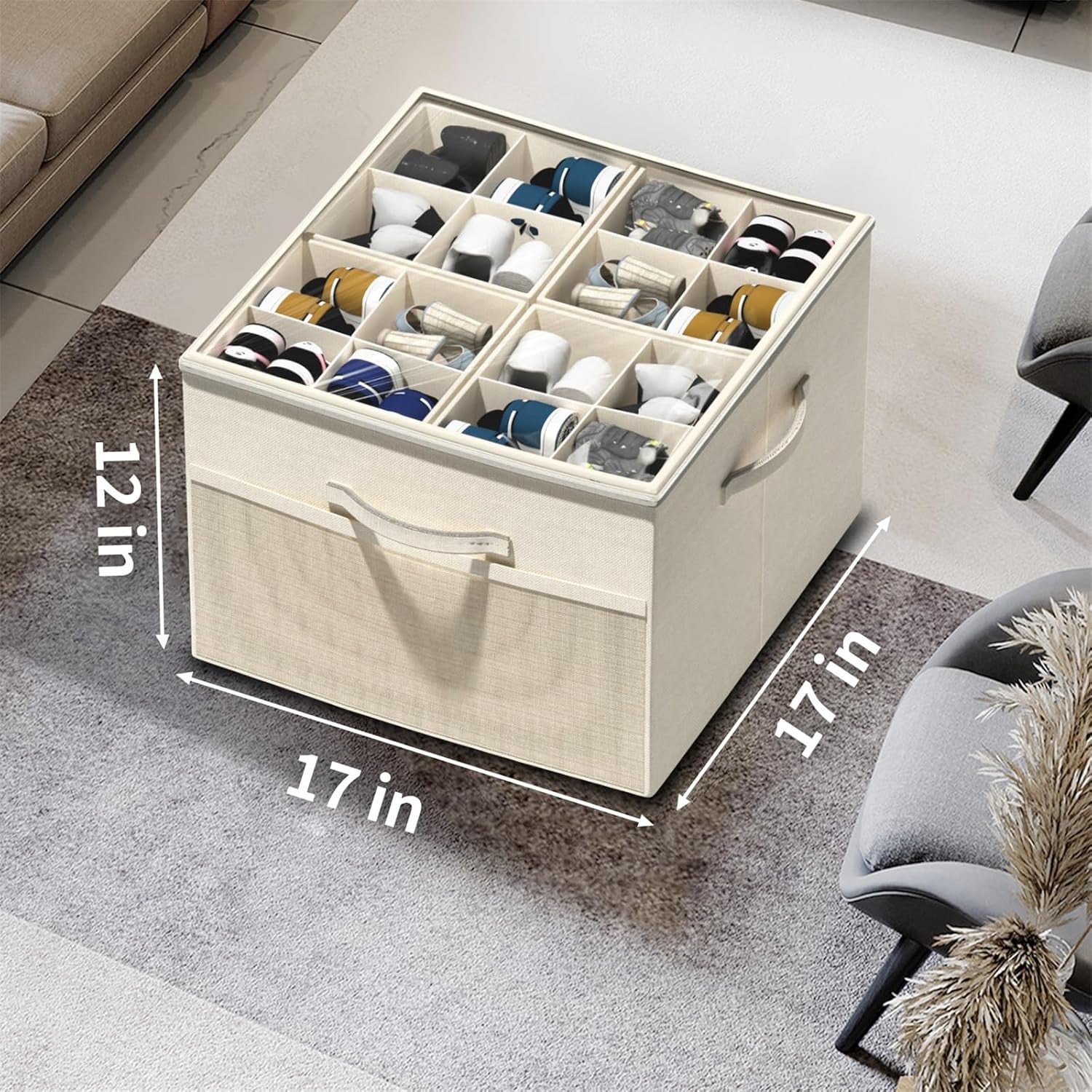Shoe Organizer for Closet,2 Pack Foldable Shoe Storage Organizer Box Bin with Adjustable Dividers and Clear Cover, Fits up to 16-32 Pairs