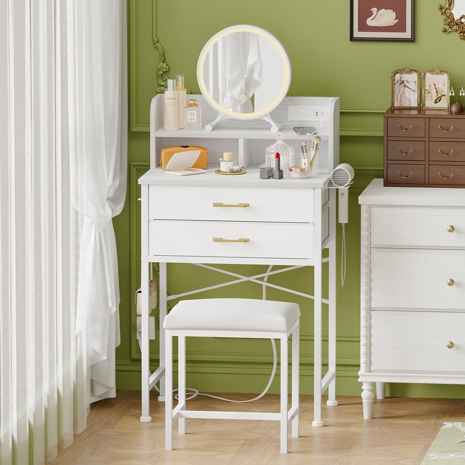 White Small Vanity Desk Set with Lighted Mirror and Chair, Makeup Dresser with 2 Fabric Drawers, Power Outlet, Compact Table with Cushioned Stool for Bedroom Small Space