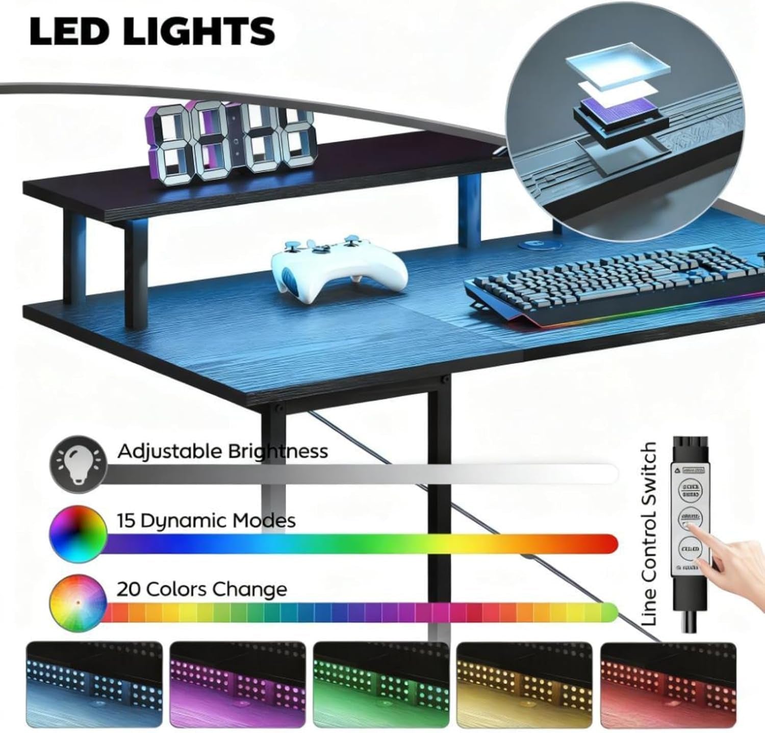 Modern PC Laptop Desk with Storage, Reversible Design Computer Gaming Table with Built-In Charging Station and Personalized Lighting, Assembly Required
