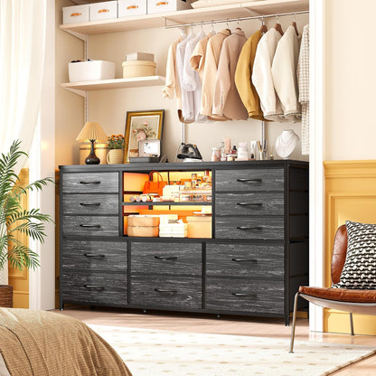Black Dresser with LED Lights & Charging Station, TV Stand for 60'' TV, Wide Dressers & Chest of Drawers with Open Shelves, Living Room, Hallway, Study