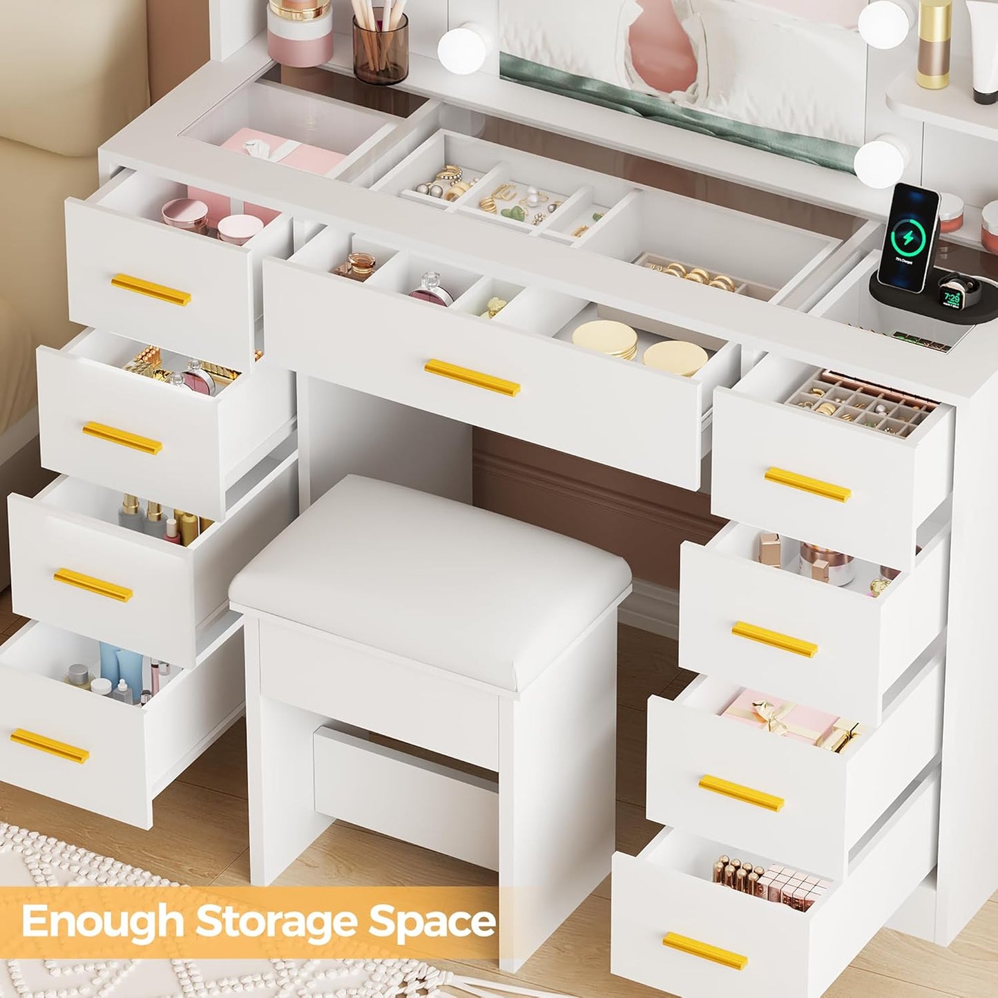Makeup Vanity Desk with Mirror and Lights White Vanity Table with Glass Top Power Outlet Stool,Makeup Desk with 9 Drawers and 4 Storage Shelves,Dressing Table for Bedroom Women FST39W