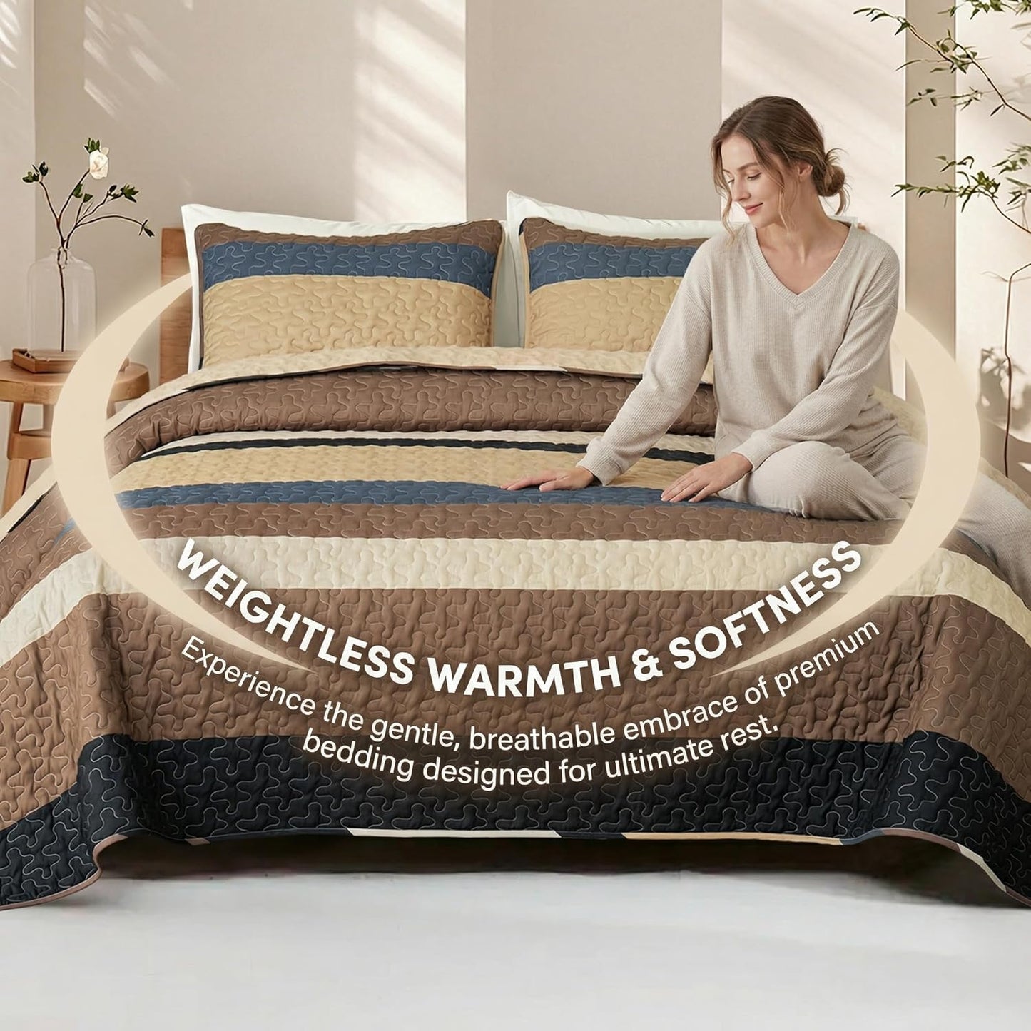 King Size Quilt Set - Reversible Camel Quilt King Size with 2 Pillow Shams, Lightweight Boho Striped Oversized Bedspreads Coverlet Bedding Set for All Seasons