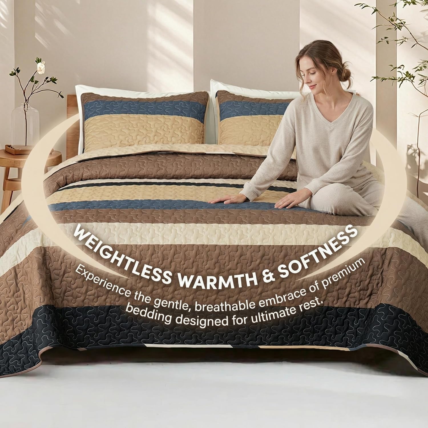 King Size Quilt Set - Reversible Camel Quilt King Size with 2 Pillow Shams, Lightweight Boho Striped Oversized Bedspreads Coverlet Bedding Set for All Seasons