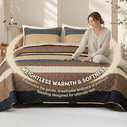 King Size Quilt Set - Reversible Camel Quilt King Size with 2 Pillow Shams, Lightweight Boho Striped Oversized Bedspreads Coverlet Bedding Set for All Seasons