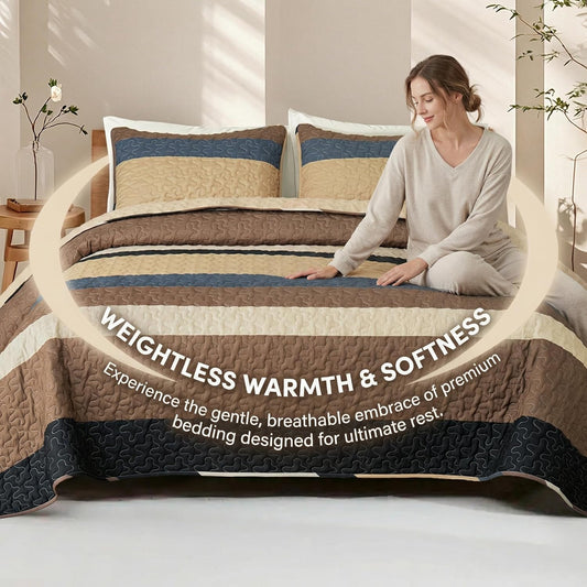 King Size Quilt Set - Reversible Camel Quilt King Size with 2 Pillow Shams, Lightweight Boho Striped Oversized Bedspreads Coverlet Bedding Set for All Seasons