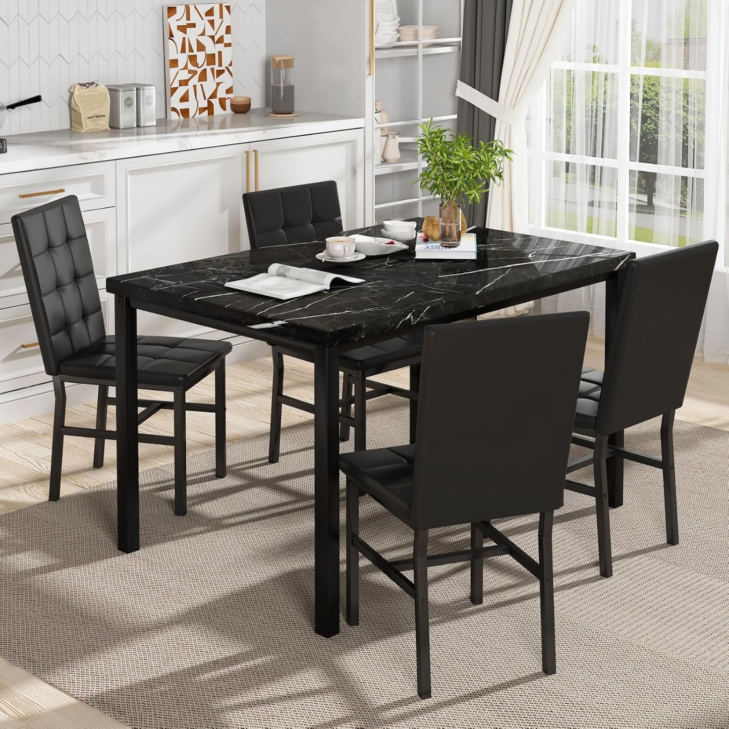 Kitchen Table Set 5 Piece Dining Room Table Set Marble Dining Table 4 Chair Dining Table Set for Kitchen Living Room Breakfast Small Spaces (Black)
