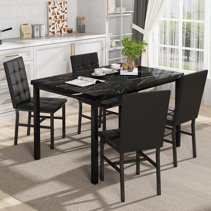 Kitchen Table Set 5 Piece Dining Room Table Set Marble Dining Table 4 Chair Dining Table Set for Kitchen Living Room Breakfast Small Spaces (Black)