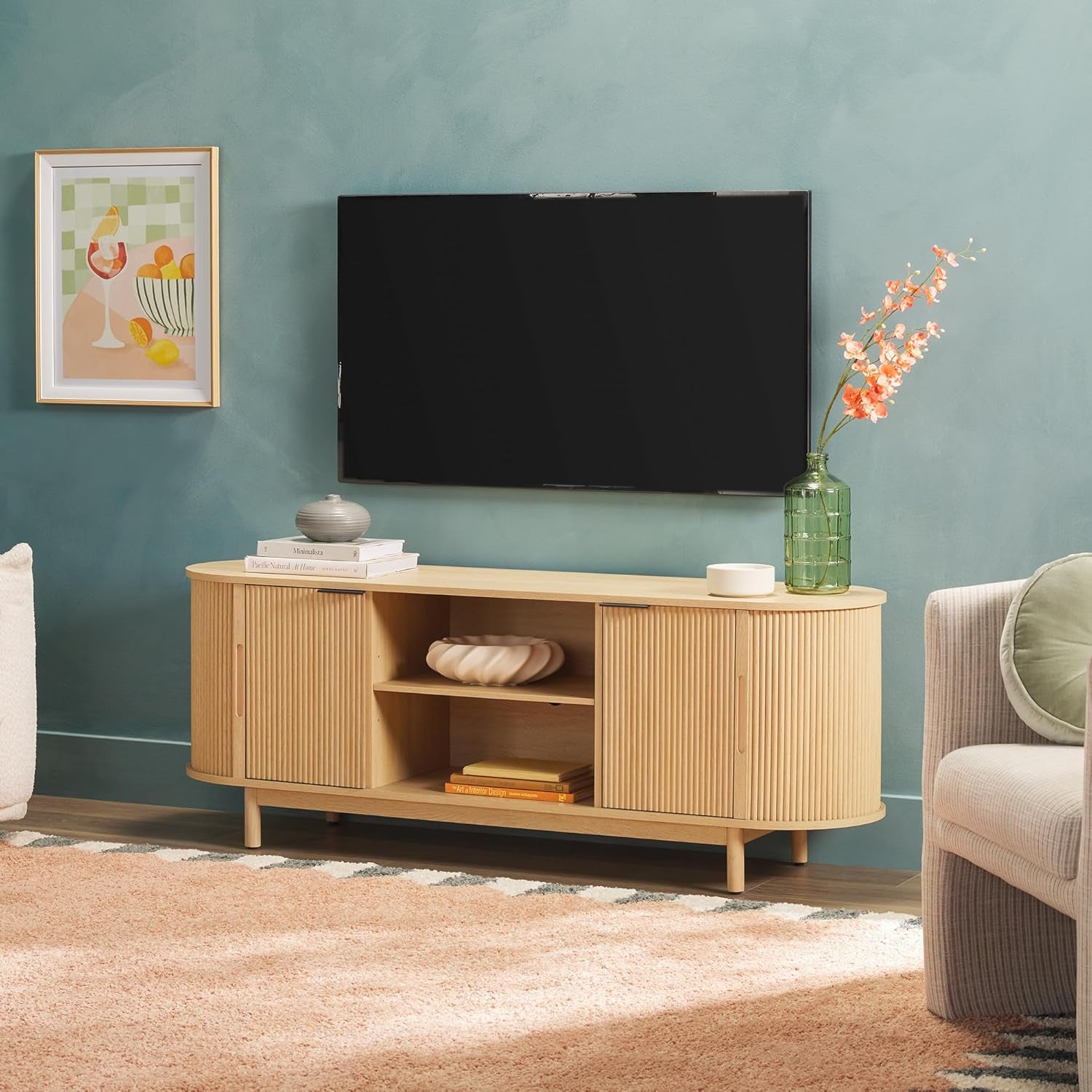 Modern Curved Reeded TV Stand for Tvs up to 70 Inches, Credenza with Sliding Doors and Adjustable Shelves, TV Stand with Cord Management Cutout, 60 Inch, Coastal Oak