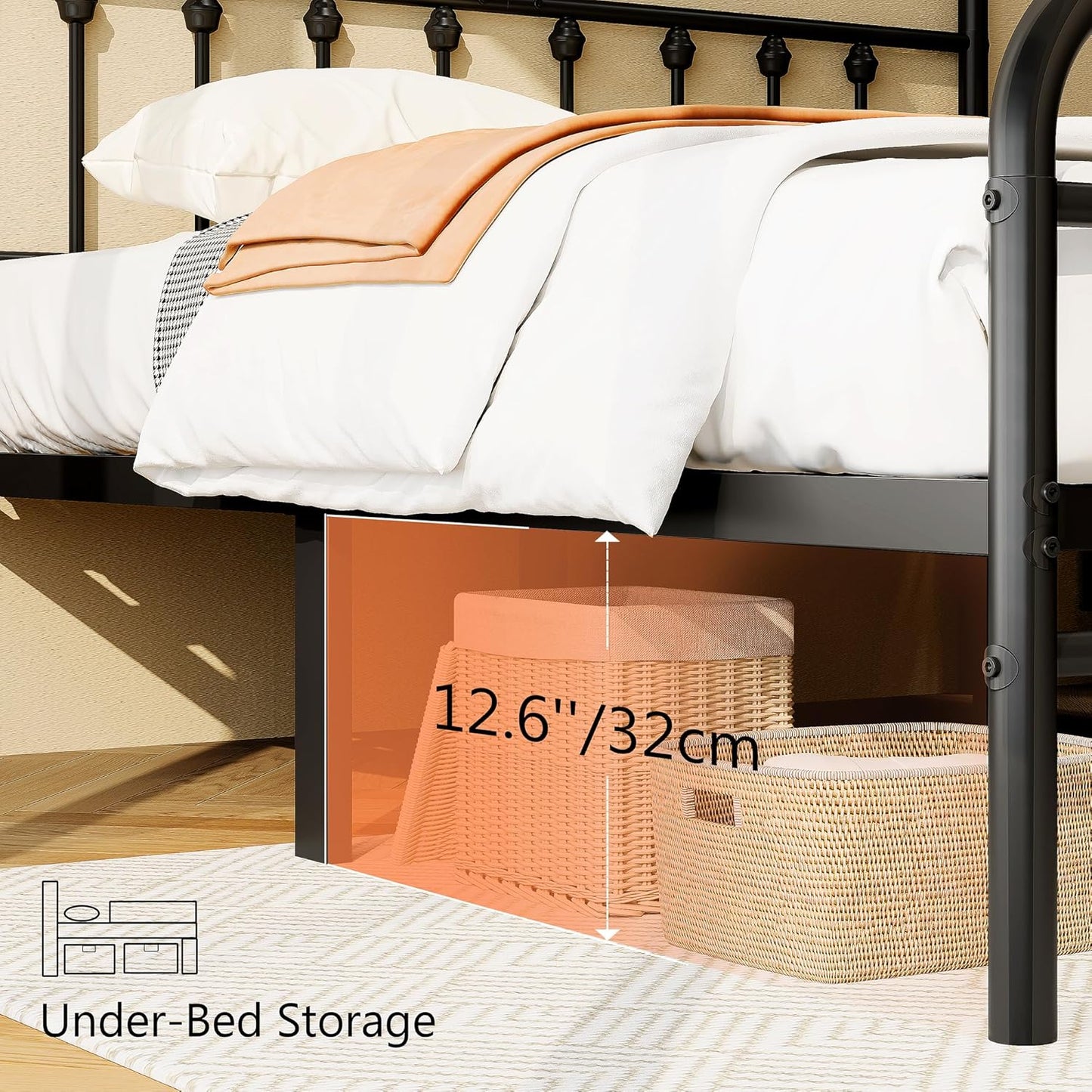 Queen Size Metal Platform Bed Frame/Victorian Style Headboard and Footboard/Steel Slat Support/Easy Assembly/No Box Spring Needed/Underbed Storage/Noise Free/Black