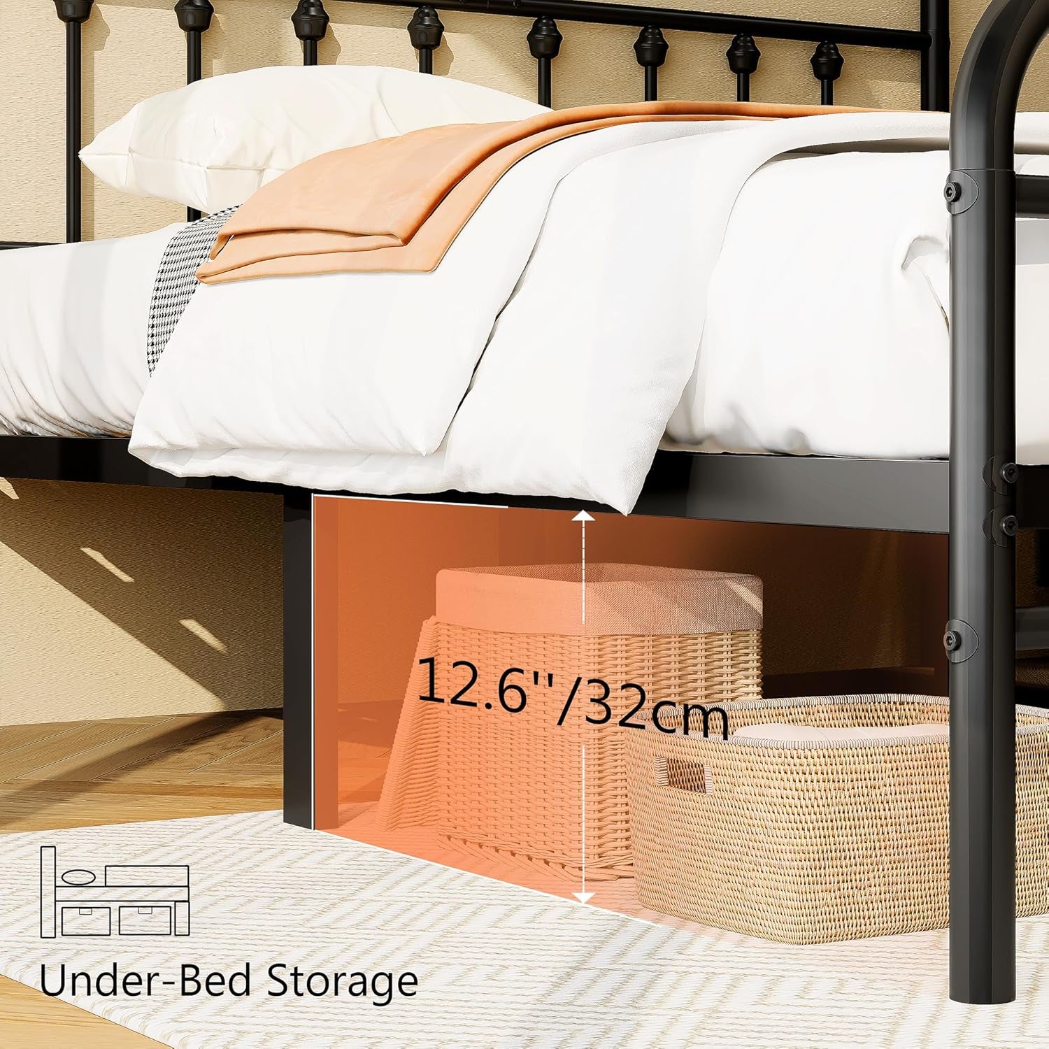 Queen Size Metal Platform Bed Frame/Victorian Style Headboard and Footboard/Steel Slat Support/Easy Assembly/No Box Spring Needed/Underbed Storage/Noise Free/Black