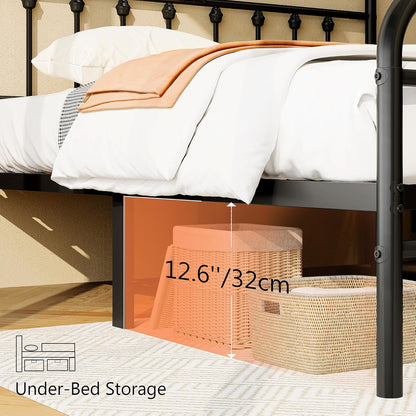 Queen Size Metal Platform Bed Frame/Victorian Style Headboard and Footboard/Steel Slat Support/Easy Assembly/No Box Spring Needed/Underbed Storage/Noise Free/Black
